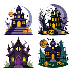 A scary Halloween vector illustration featuring a haunted castle and house silhouette against a dark, spooky October night sky with a full moon, bats, and trees