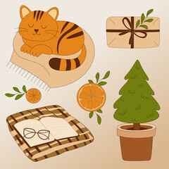 Cozy Christmas set with sleeping cat, gift, potted tree, blanket and dried orange. Perfect for festive design, cards and home decor.