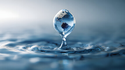 A single water drop containing the globe of earth suspended on a vibrant blue background