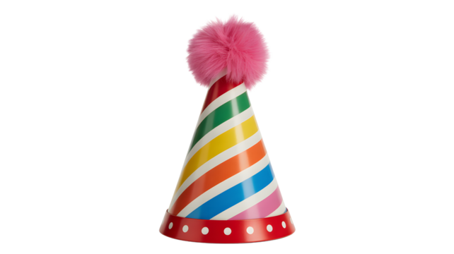 Celebrate good times with a colorful striped party hat topped with fluffy pink pom pom, perfect for birthdays, festive events and joyful celebrations