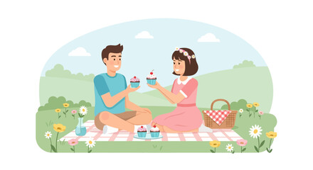 Naklejka premium Couple Enjoying a Delightful Picnic in the Springtime, Sharing Cupcakes Outdoors