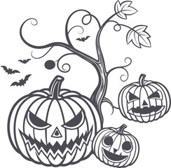 Six black silhouette carved halloween pumpkins jack o lantern spooky