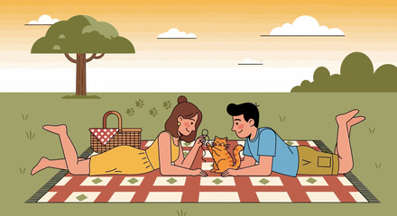 Fototapeta premium Couple Enjoying A Park Outing With Their Cat And Picnic Basket For A Fun Relaxed Day