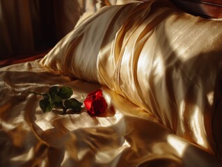 Red rose lying on silk bed sheets at sunrise. Romantic concept
