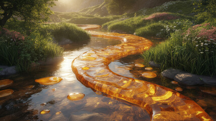 Magical golden river flowing through a lush enchanted forest at sunrise