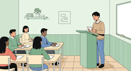 Classroom Presentation: Students Engaged As Professor Addresses Audience With Digital Device