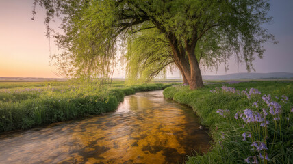Peaceful willow tree archway over a gentle stream at sunset