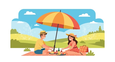 Couple Enjoying A Sunny Picnic Under An Umbrella On A Picturesque, Relaxing Summer Day
