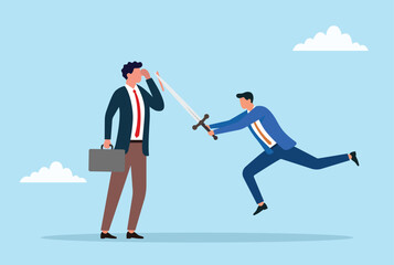 Vector illustration of a businessman with a long nose being cut by another man using a sword, symbolizing exposing lies, fighting dishonesty, revealing truth, justice, and business ethics
