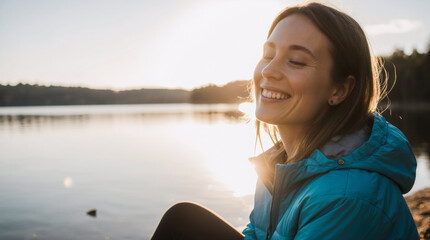 Woman enjoys a peaceful moment by the lakeside during sunset, smiling and reflecting in nature's beauty