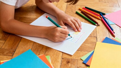 Child drawing on paper with colored pencils and colorful sheets scattered around on a wooden floor