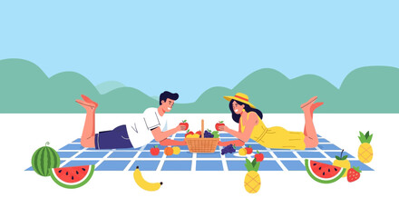 Couple Enjoying Picnic with Fresh Fruits on a Summer Day Outdoors Cartoon Illustration