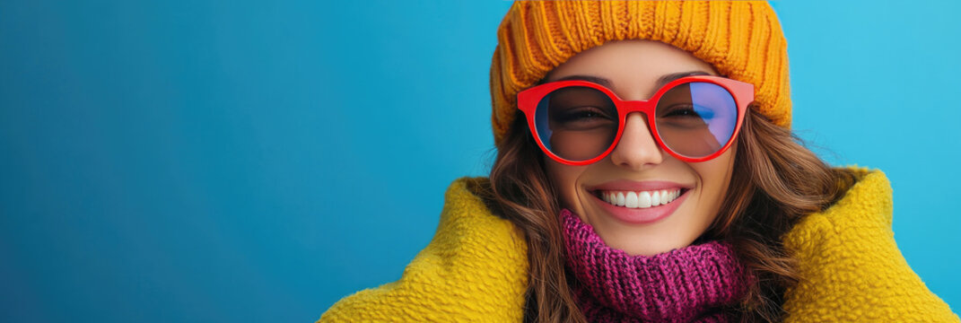 Studio portrait depicting cheerful young woman wearing bright yellow woolly hat, red sunglasses, yellow sweater, purple scarf, smiling against blue backdrop. Copy space, banner