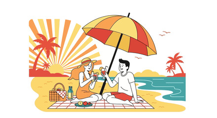 Fototapeta premium Couple Enjoying Vacation Moments: Sunshine, Beach Bliss, And Refreshing Cocktails Together