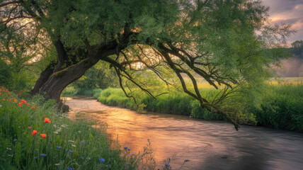 Tranquil willow tree overlooking a sunlit stream in a meadow
