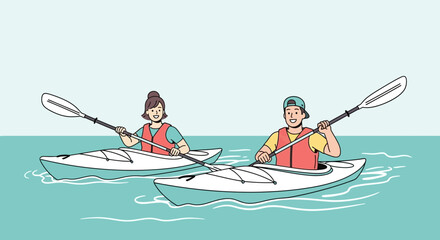Couple kayaking together on the water having fun during the summer vacation