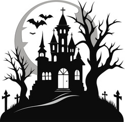 Spooky Halloween night vector illustration of a haunted castle silhouette with bats, a spooky tree, and a full moon on a dark hill