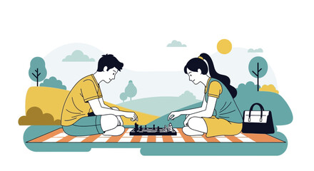 Couple Playing Chess Outdoors Amidst Serenity and Recreation in the Park