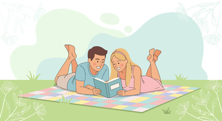 Couple Relaxing And Reading Book Together On Picnic Blanket Outside During Summer