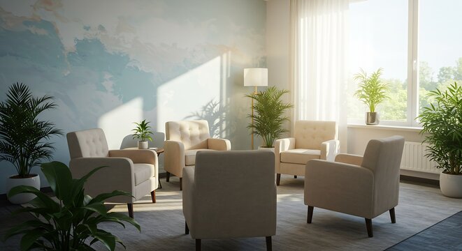 Inviting therapy room with comfortable armchairs and natural light creates a calming space for healing and mindful conversations