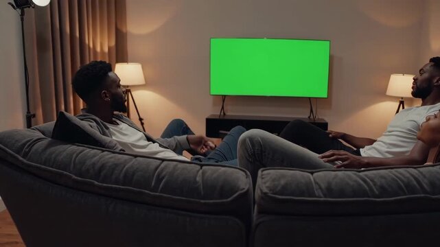 Cozy group of friends watching a TV with green screen mockup in a modern living room.