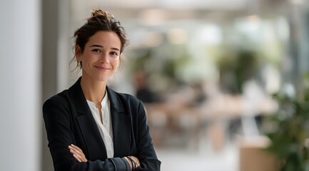 Professional and attractive businesswoman smiling confidently in a modern office environment, portraying success and approachability