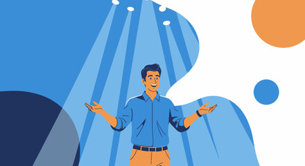 Confident Presenter Illuminated by Spotlight, Ready to Share Ideas With an Audience