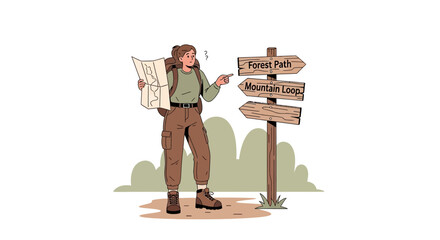 Confused hiker looking at a map, deciding which trail to take, forest path or mountain loop?