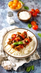 Grilled skewers with rice and tomatoes