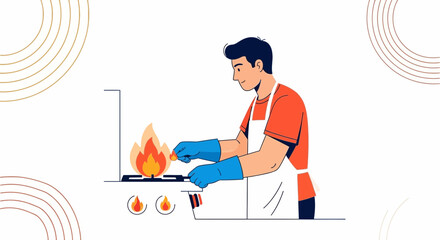 Cooking Illustration: A Person Lighting a Stove, Preparing Flames for Culinary Creations