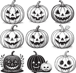 Set of three carved halloween pumpkins with jack-o'-lantern faces in full color, black silhouette, and line drawing style eps vector file.