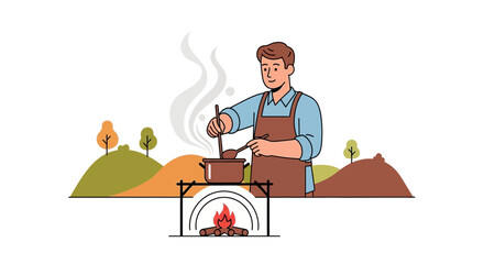 Cooking Outdoors: A Man Stirs A Pot Over An Open Fire Amongst Scenic Hills