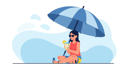 Cool Summer Vacation Days Of A Woman Under An Umbrella Drinking A Refreshing Beverage