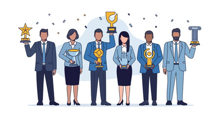 Corporate Achievers Celebrate Success Holding Trophies as Confetti Falls in Festivity