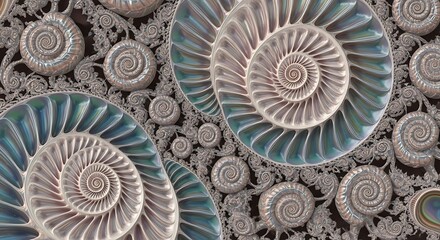 Stunning spiraling ammonite shells in iridescent silver and blue create a mesmerizing, elegant pattern perfect for luxury brands and creative designs