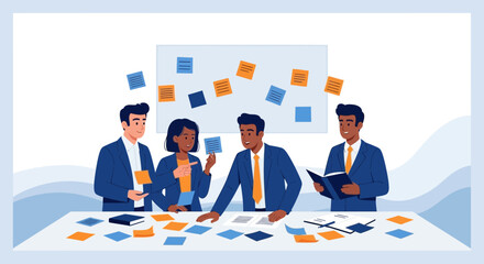 Corporate Team Discussing Ideas With Sticky Notes in Collaborative Office Session