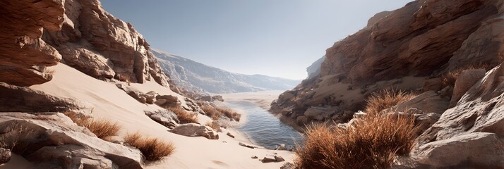 Stunning natural landscape of a desert canyon with tall rough cliffs and a small reflective river running through the sandy ground under a clear blue sky
