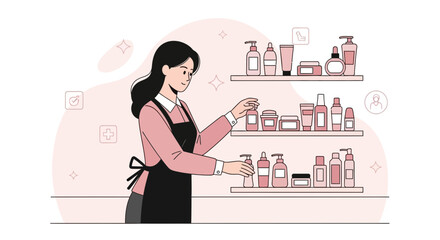 Cosmetics Display: A Woman Arranging Beauty Products on Shelves in a Shop