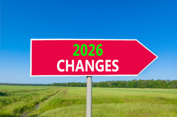2026 Changes symbol. Concept words 2026 Changes on beautiful red road sign. Beautiful green grass field forest and blue sky background. Business and 2026 changes concept. Copy space.