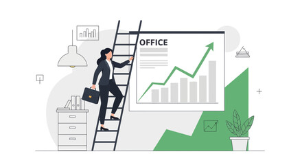 Corporate Woman Escalating Towards Business Goals with Positive Economic Improvement