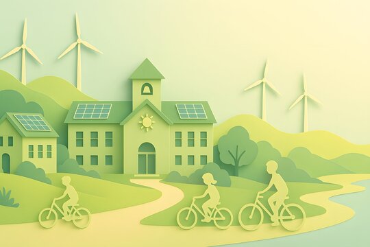 Paper cut illustration of a green sustainable town with solar panels, wind turbines, and children riding bikes, eco-friendly living concept, pastel green tones.