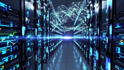 Futuristic visualization of data analysis on server room displays in a modern data center. - Powered by Adobe