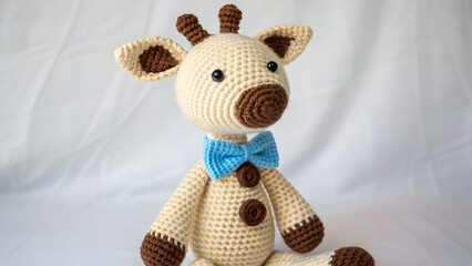 Handmade knitted bear toy with beige body and brown spots. Perfect for crafts, children's toys and unique gifts.. soft toy cow