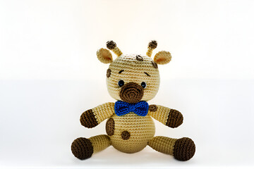 Handmade knitted bear toy with beige body and brown spots. Perfect for crafts, children's toys and unique gifts.. soft toy bear.