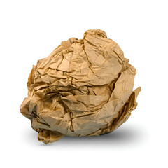 Brown paper crumpled into a ball isolated on a white background, garbage spoiled.
