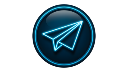 Modern blue neon paper airplane icon radiating communication and innovation, perfect for technology, travel, and business messaging applications