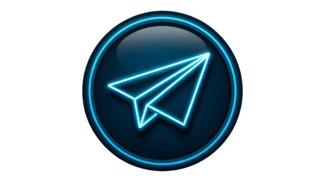 Modern blue neon paper airplane icon radiating communication and innovation, perfect for technology, travel, and business messaging applications