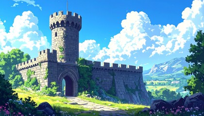 Ancient Stone Castle with Tower on a Grassy Hill Under a Blue Sky.