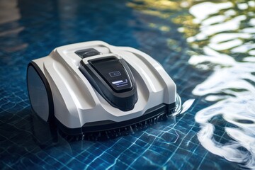 Robot pool cleaner operating in a clear blue swimming pool during daytime
