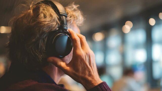 The image captures a close up of a mature man wearing headphones, surrounded by a blurred, contemporary background. The scene conveys relaxation, concentration, and modern lifestyle trends